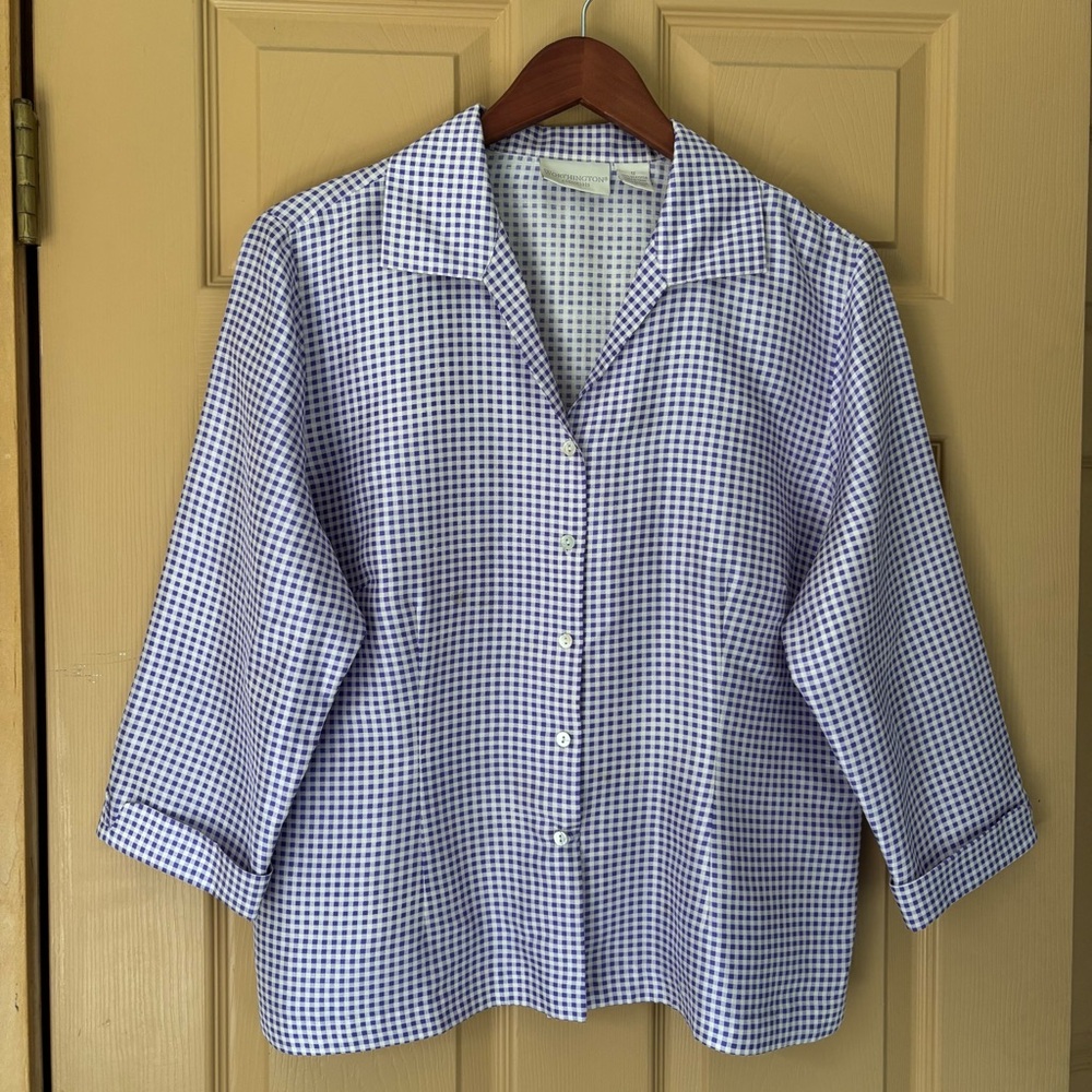WORTHINGTON | Purple Gingham Cottagecore Preppy Silk Button Up Blouse | Size 12